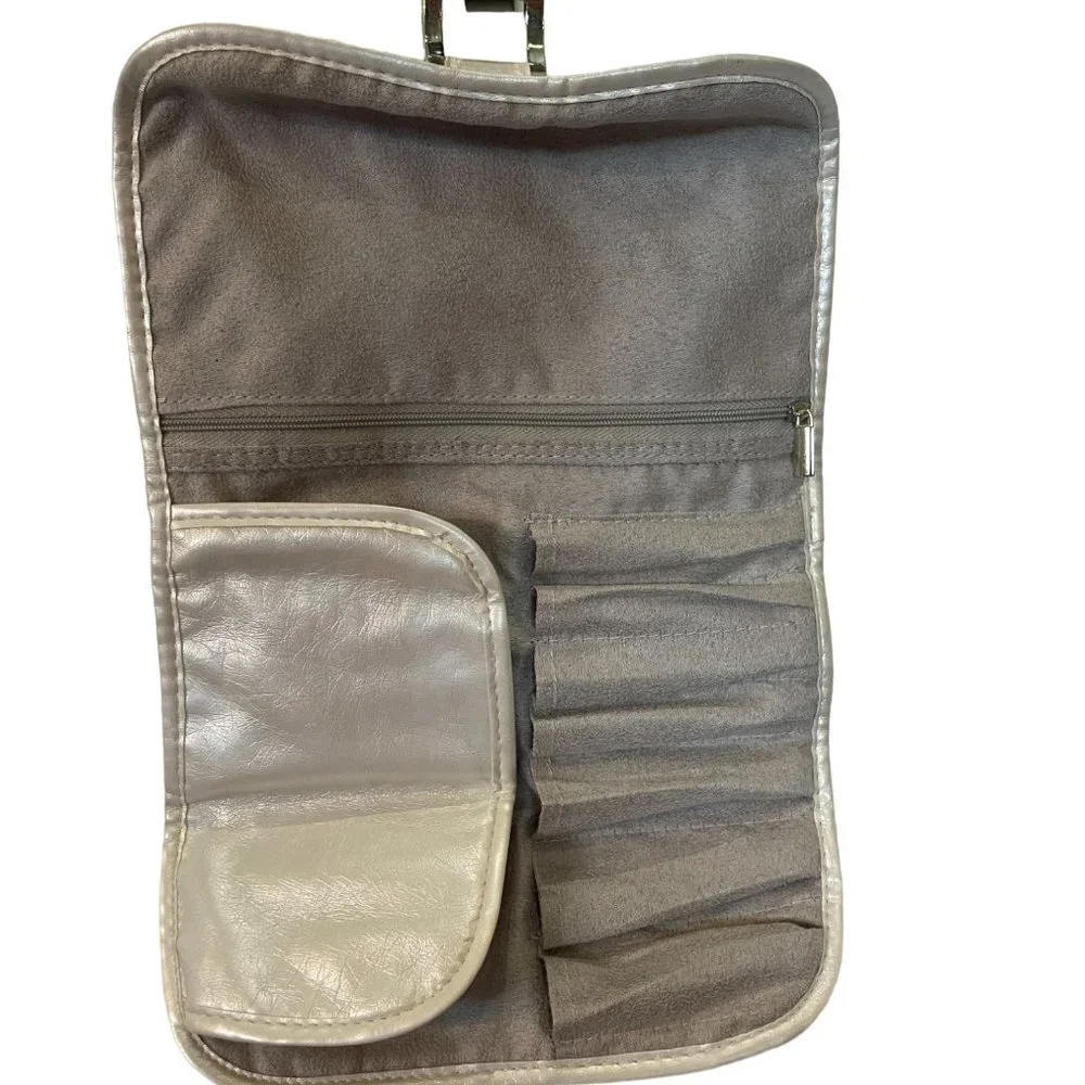Make-Up Brush Roll Pearlized White Quilted Tri-fold, Holds up to 7 brushes